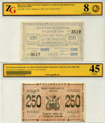 Камчатка 250 рублей 1920 Кредитный знак. Камчатский Областной Совет Народного Хозяйства, в холдере компании ZG. Сохранность - 8 Кардаков, с. 230, раздел 16, № 2, Pick S1272 бумага aUNC 000-00-00