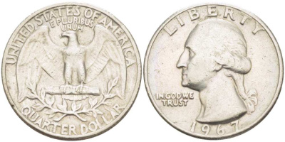 США 25 центов (квотер) 1967 Вашингтон KM 164a медь плакированная медно-никелем 4402-1156
