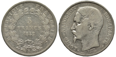 ФРАНЦИЯ 5 ФРАНКОВ 1852 А, ЛУИ НАПОЛЕОН БОНАПАРТ KM 773.1 серебро 1524-1132