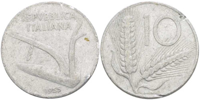 ИТАЛИЯ 10 ЛИР 1955 R, ПЛУГ, КОЛОСЬЯ KM 93 алюминий 175-353