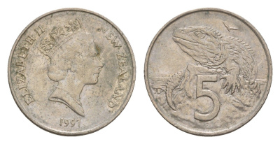 Новая Зеландия 5 центов 1997 Елизавета II (1952-2022), ящерица гаттерия KM 60 медно-никель 4594-1061