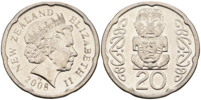 Новая Зеландия 20 центов 2008 Елизавета II (1952-2022), идол Пукаки KM 118а никелированная сталь 4579-1154