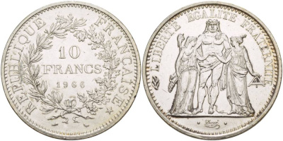 Франция 10 франков 1966 Геракл с богинями равенства и братства KM 932 серебро 4527-1221