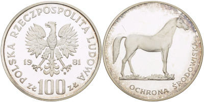 Польшая 100 злотых 1981 MW, серия охрана окружающей среды, лошадь KM 126, Parchimowicz 292 серебро PROOF 1085-1-34