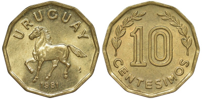 Уругвай 10 сентесимо 1981 KM 66 алюминиевая бронза 4169-531