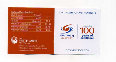 Австралия 1 доллар 2009 100 лет спортивному плаванию в Австралии, цветная эмаль, коробка, сертификат, PROOF серебро 8-1-05-06