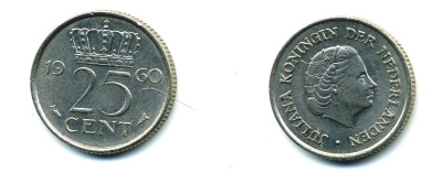НИДЕРЛАНДЫ 25 ЦЕНТОВ 1960 ЮЛИАНА KM 183 никель 76-367