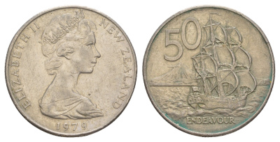 Новая Зеландия 50 центов 1979 Елизавета II (1952-2022), парусник Индевор KM 37 медно-никель 4645-621