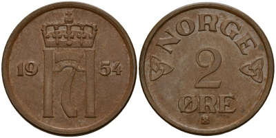 Норвегия 2 эре 1955 Хокон VII (1906 - 1957) KM 399 бронза 4156-242