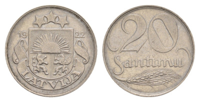 Латвия 20 сантимов 1922 год-тип KM 5 никель 4658-1244