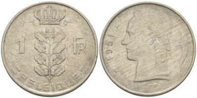 БЕЛЬГИЯ 1 ФРАНК 1951 BELGIQUE, БОДУЭН I (1951-1993) KM 142.1 медно-никель 119-434