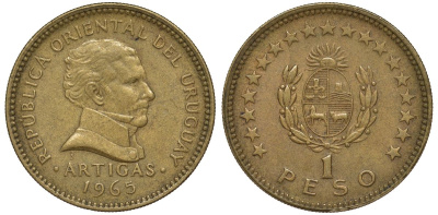 Уругвай 1 песо 1965 KM 46 алюминиевая бронза 36-422