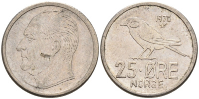 Норвегия 25 эре 1970 Улаф V (1958-1991), синица KM 407 медно-никель 4580-1039