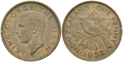 Новая Зеландия 1 пенни 1952 Георг VI (1936-1952), новозеландский туи KM 21 бронза 4120-112