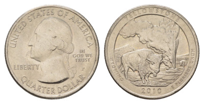 США 25 центов (квотер, 1/4 доллара) 2010 P, Квотеры «Парки США» - Национальный парк Йеллоустоун KM 470 медь плакированный медно-никелем UNC 4629-215
