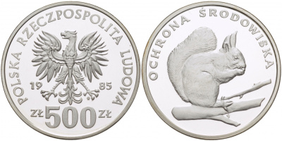 Польша 500 злотых 1985 MW, серия защита окружающей среды, белка, тираж 8000 экземпляров KM 159 серебро PROOF 1076-10-34