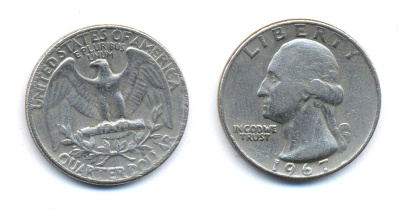 США 25 центов (квотер) 1967 Вашингтон KM 164a медь плакированная медно-никелем 35-1416