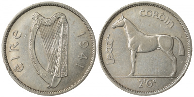 Ирландия 1/2 кроны 1941 лошадь KM 16 серебро    00-806-04
