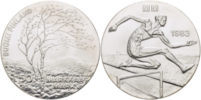 Финляндия 50 марок 1983 K-T, чемпионат мира по атлетике, бег с препятствиями KM 61 серебро UNC 1515-1222