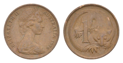 Австралия 1 цент 1976 Елизавета II (1952-2022), молодой портрет, опоссум KM 62 бронза 4585-446