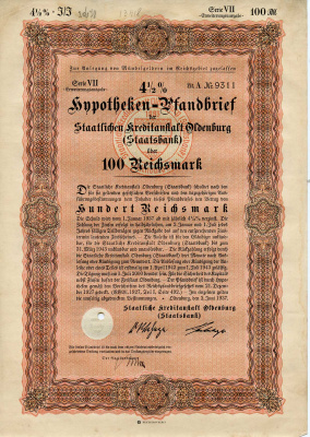 Германия 100 рейхсмарок 1937 Государственное кредитное учреждение Ольденбурга (Государственный банк), ипотечный залог под залог 4-1/2%, облигация   бумага   8802-27-1