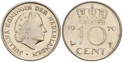 Нидерланды 10 центов 1970 Юлиана (1948-1980) KM 182 никель 4598-312