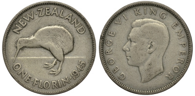 Новая Зеландия 1 флорин 1945 Георг VI (1936-1952), птичка киви KM 10.1 серебро 272-1624