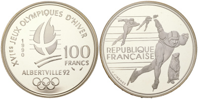 Франция 100 франков 1990 XVI Зимние Олимпийские игры 1992 в Альбервиле, конькобежный спорт KM 980 серебро  PROOF  11-082-43