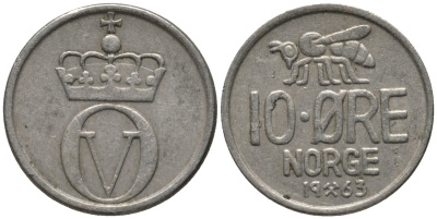 Норвегия 10 эре 1963 пчела, Улаф V KM 411 медно-никель 206-665