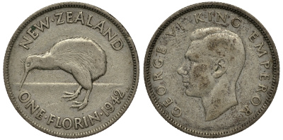 Новая Зеландия 1 флорин 1942 Георг VI (1936-1952), птичка киви KM 10.1 серебро 272-1534
