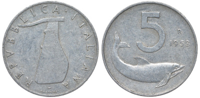 Италия 5 лир 1953 R, дельфин, плуг KM 92 алюминий 4164-419