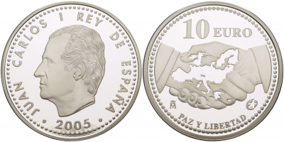 Испания 10 евро 2005 M, 60 лет миру и свободе в Европе KM 1065 серебро PROOF 01-239-25