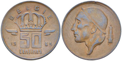 БЕЛЬГИЯ 50 САНТИМОВ 1965 BELGIE, БОДУЭН I (1951-1993) KM 149.1 бронза 214-168