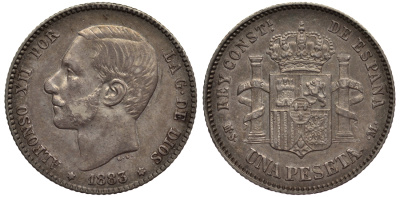 ИСПАНИЯ 1 ПЕСЕТА 1883 (83) MS-M, АЛЬФОНСО XII (1874-1885) KM 686 (Y-B76) серебро aUNC 1521-143