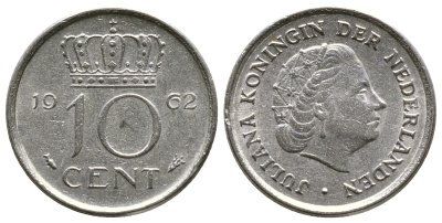 НИДЕРЛАНДЫ 10 ЦЕНТОВ 1962 ЮЛИАНА KM 182 никель 4385-633