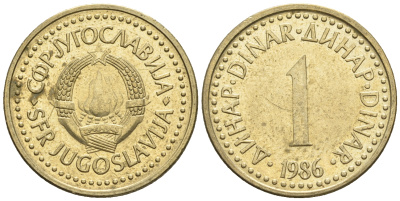 Югославия 1 динар 1986 KM 86 никель латунь 85-546