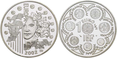 Франция 1 1/2 евро 2002 введение евро KM 1301 серебро PROOF 1076-5-42