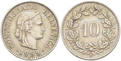 ШВЕЙЦАРИЯ 10 РАППЕНОВ 1959 В KM 27 медно-никель 216-1254