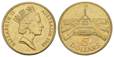Австралия 5 долларов 1988 Здание парламента KM 102 алюминиевая бронза 4368-712