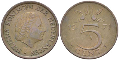 НИДЕРЛАНДЫ 5 ЦЕНТОВ 1971 ЮЛИАНА (1948-1980) KM 181 бронза 213-1113