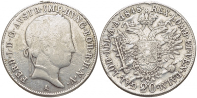 Австрия 20 крейцеров 1848 А, Фердинанд I, (1835-1848),  с подвески KM 2208 серебро    3896-1134