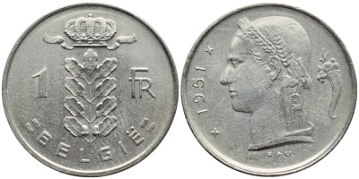 БЕЛЬГИЯ 1 ФРАНК 1951 BELGIE KM 143.1 медно-никель 4390-331