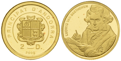 Андорра 2 динера 2008 Людвиг ван Бетховен KM 269 золото PROOF 00-801-29