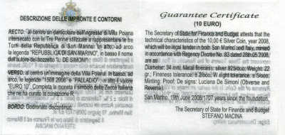 Сан-Марино 10 евро 2008 500 лет Андреа Палладио, в оригинальной коробке, сертификат KM 514 серебро PROOF 2-4-2-13