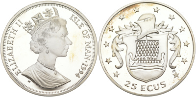 Остров Мэн 25 экю 1994 50 лет ООН, Елизавета II (1952-2022) KM 712 серебро PROOF 11-115-21