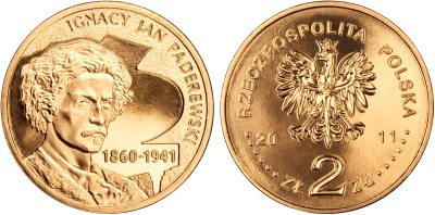 Польша 2 злотых 2011 MW, 70 лет со дня смерти Игнация Яна Падеревского (1860-1941) KM 789 нордик UNC 4676-825