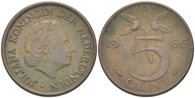 НИДЕРЛАНДЫ 5 ЦЕНТОВ 1966 ЮЛИАНА (1948-1980) KM 181 бронза 213-1046