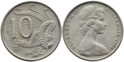 Австралия 10 центов 1966 Елизавета II (1952-), птица лирахвост KM 65 медно-никель 4391-1043
