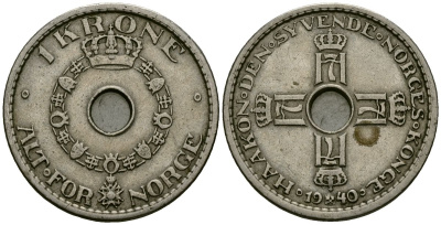Норвегия 1 крона 1940 Хокон VII (1905-1957) KM 385 медно-никель 4138-831