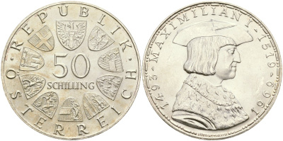 Австрия 50 шиллингов 1969 450 лет со дня смерти Максимилиана I KM 2906 серебро UNC 04-322-43